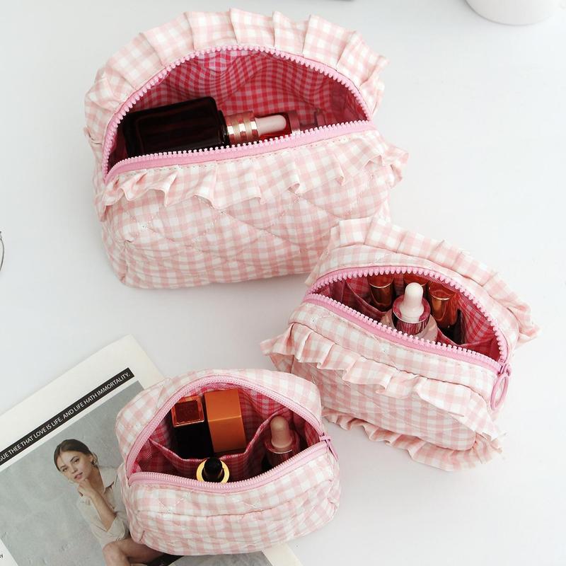 Checkerboard Print Ruffle Trim Makeup Bag Set, 3 Counts set Portable Travel Cosmetic Storage Bag, Zipper Makeup Organizer Pouch, Versatile Storage Bag, Christmas Gift