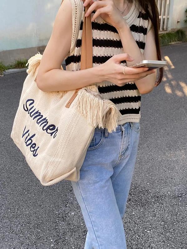 2024 Summer Fashion Letter Pattern Tassel Decor Canvas Tote Bag, Large Capacity Everything Tote Bag for Women, Vacation Beach Bag