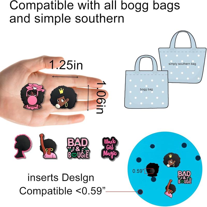 Pink Black Girl Charms for Bogg Bag Clips Insert Bogg Bag Accessories for Women Totes, Bag Charms for Simply Southern Totes,Rubber Tote Bag