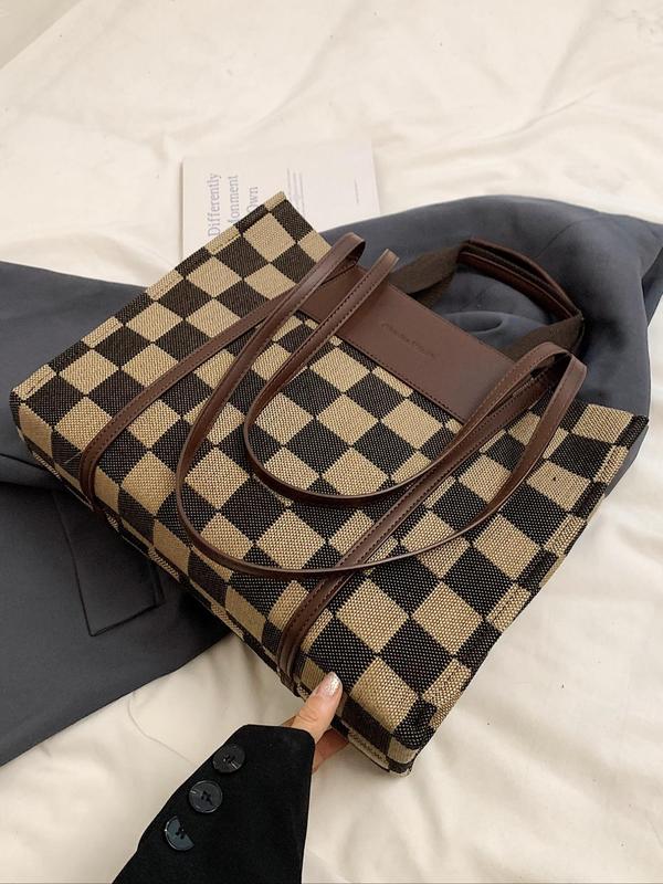 Women's Elegant Checked Pattern Tote Bag, Fashionable Patched Design Large Capacity Shoulder Bag for Work, Casual Trendy Versatile High-quality Daily Commuting Bag