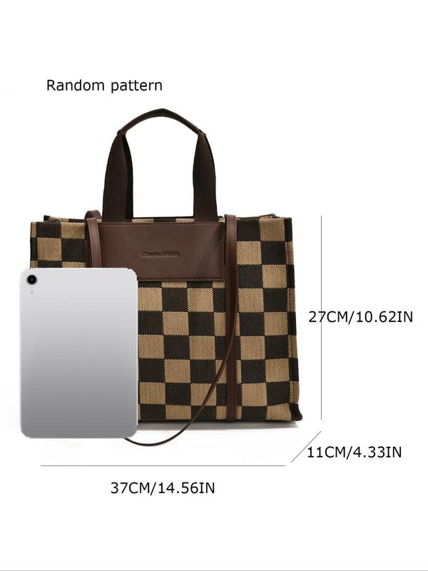 Women's Elegant Checked Pattern Tote Bag, Fashionable Patched Design Large Capacity Shoulder Bag for Work, Casual Trendy Versatile High-quality Daily Commuting Bag