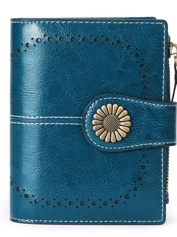 Women's Genuine Leather Wallet, Plain Color Bifold Leather Wallet, Summer Mini Travel Purse Zipper Rfid Blocking Short Money Saving Wallet for Daily, Fall Outfits, Fall Freshness