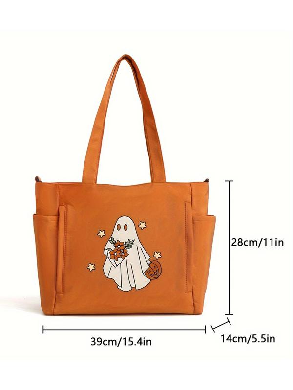 Cartoon Ghost Pattern Tote Bag, Large Capacity Shoulder Bag for Women, Casual Trendy Versatile High-quality Daily Commuting Bag, Girl Fashionable Shopping Bag