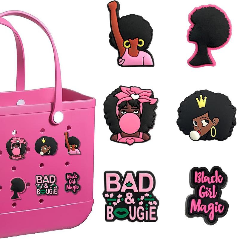 Pink Black Girl Charms for Bogg Bag Clips Insert Bogg Bag Accessories for Women Totes, Bag Charms for Simply Southern Totes,Rubber Tote Bag