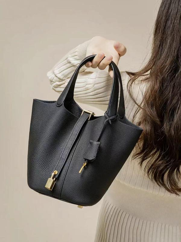 Women's Fashionable Plain Color Leather Bag, Casual Versatile Handbag with Lock Design, Trendy All-match Handbag for Daily Use