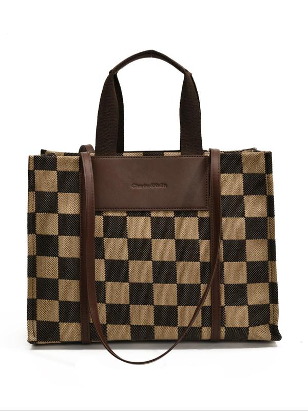 Women's Elegant Checked Pattern Tote Bag, Fashionable Patched Design Large Capacity Shoulder Bag for Work, Casual Trendy Versatile High-quality Daily Commuting Bag