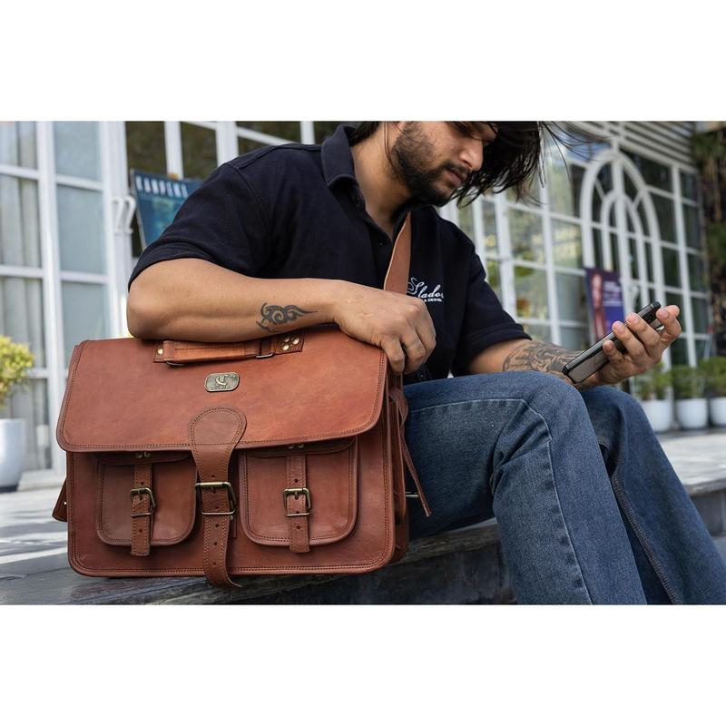 Leather Messenger Bag for Men, 18 Inch Laptop Bag, Crossbody Bag Men, Vintage Handmade Leather Satchel Bag Men, Full Grain Business Briefcase Shoulder Bag for Office Work Travel - Dark Brown