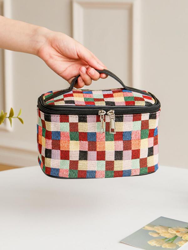 Women's Cute Plaid Pattern Makeup Bag, Minimalist Portable Cosmetic Storage Bag, Trendy Large Capacity Travel Makeup Bag for Women & Girls