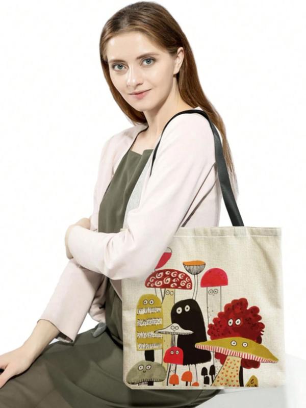 Cute Cartoon Mushroom Pattern Tote Bag, Reusable Shopping Bag, Large Capacity Multifunctional Storage Bag for Travel & Daily Commuting