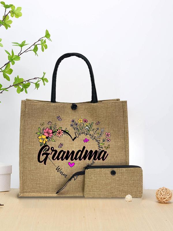 Floral & Letter Pattern Grandma Tote Bag with Long Wallet, Fashionable Shopping Bag Set, Casual Trendy Versatile High-quality Daily Commuting Bag Set