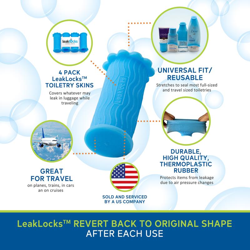 8 Pack LeakLocks Toiletry Skins Sleeves that Leak Proof Travel Containers in Luggage. For Standard & Travel Size Toiletries. Reusable Accessory