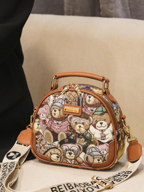 Women's Cute Cartoon Bear Pattern Crossbody Bag with Letters Pattern Strap,  Trendy Zipper Handbag for Daily Use, Casual Versatile Work Bag for Women & Girls