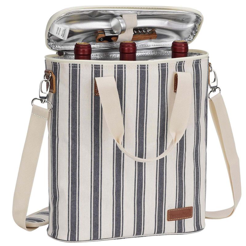 3 Bottle Wine Tote Carrier, Insulated Waxed Canvas Padded Wine Cooler Bag for Travel, Party, Beach, Weeding, Best Gift for Wine Lover, (Double Stripe)