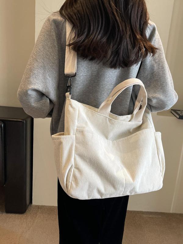 Women's Solid Color Corduroy Tote Bag, Large Capacity Shoulder Bag for Daily Used, Casual Trendy Versatile High-quality Daily Commuting Bag, Girl Fashionable Shopping Bag