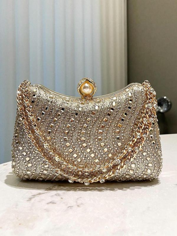 Women's Elegant Rhinestone Decorated Evening Bag, Exquisite Chain Strap Clutch Bag, Trendy Handbag for Party Decoration