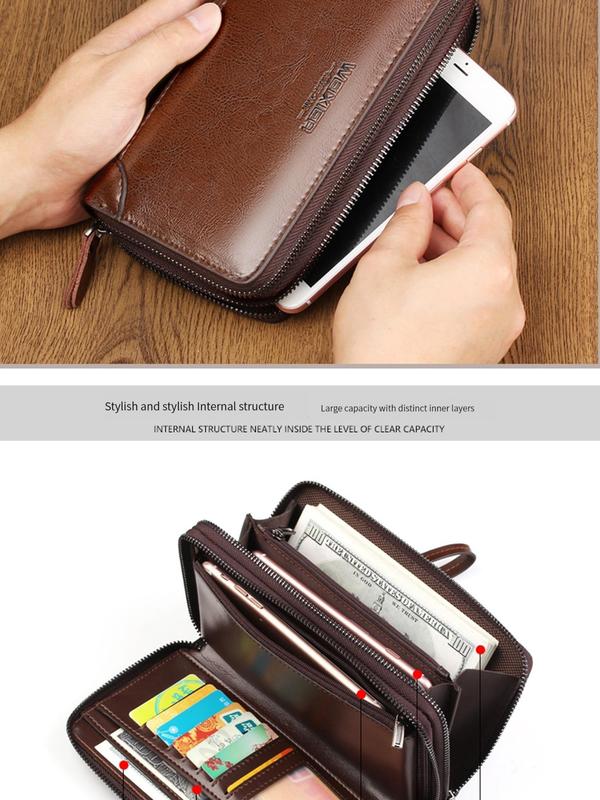 Men's Soft PU Leather Handbag, Business Zipper Long Wallet, Casual Letter Detail Multiple Slots Card Holder, Multipurpose Textured Clutch