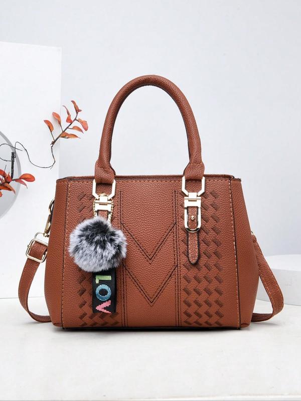 Women's 2024 PU Leather Plain Zipper Tote Bag, with Pom Pom Charm & Colorful Letters Wide Band, Retro Fashion Adjustable Strap Shoulder Bag