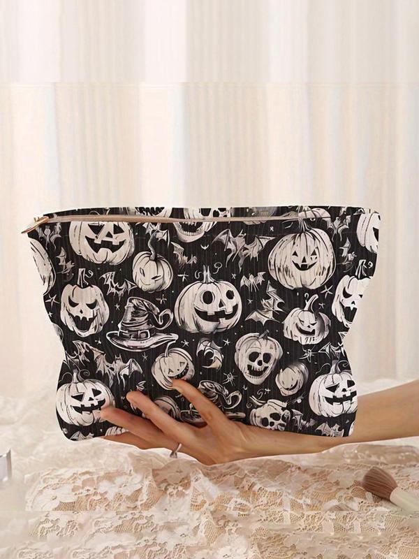 Pumpkin Pattern Makeup Bag, Casual Fashion Multi-functional Storage Bag, Halloween Themed Travel Makeup Bag, Suitable for Women & All Kinds Of Occasions