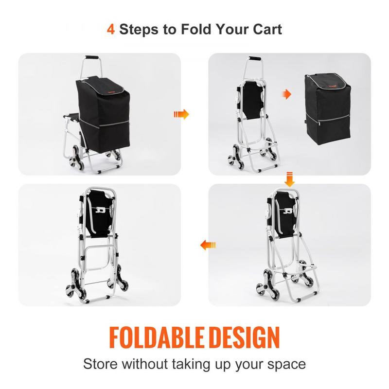 Stair Climbing Cart 50L Foldable Shopping Cart w  Waterproof Bag & Seat