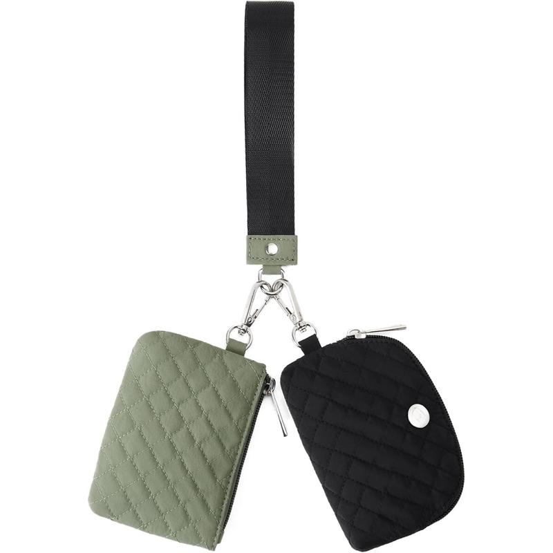 Mini Zip Around Wristlet Wallets for Women Coin Purse Wristlet Keychain Dual Pouch Wallet Green Black