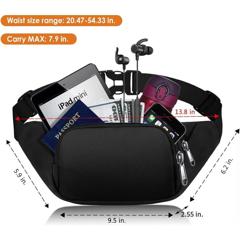 Large Fanny Pack for Women Men  Waist bag with 3-Zipper Pockets, Gifts for Enjoy Sports Traveling Workout Casual Hands-Free crossbody bags Fits MAX 7.9'' iPad & 6.6'' Phone Black