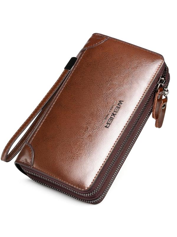 Men's Soft PU Leather Handbag, Business Zipper Long Wallet, Casual Letter Detail Multiple Slots Card Holder, Multipurpose Textured Clutch