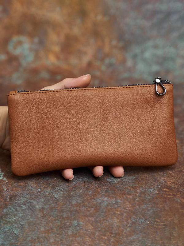 Men's Genuine Leather Clutch Bag, Plain Color Zipper Clutches, Large Capacity Mobile Phone Bag, Casual Trendy Versatile High-quality Daily Commuting Bag