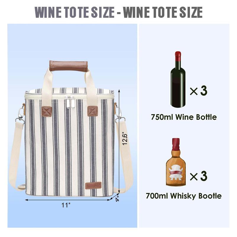 3 Bottle Wine Tote Carrier, Insulated Waxed Canvas Padded Wine Cooler Bag for Travel, Party, Beach, Weeding, Best Gift for Wine Lover, (Double Stripe)