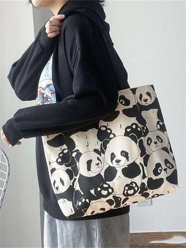 Cute Panda Pattern Canvas Tote Bag, Fashionable Casual Zipper Shoulder Bag for Women & Girls, Trendy All-match Bag for Daily Use Birthday Gift