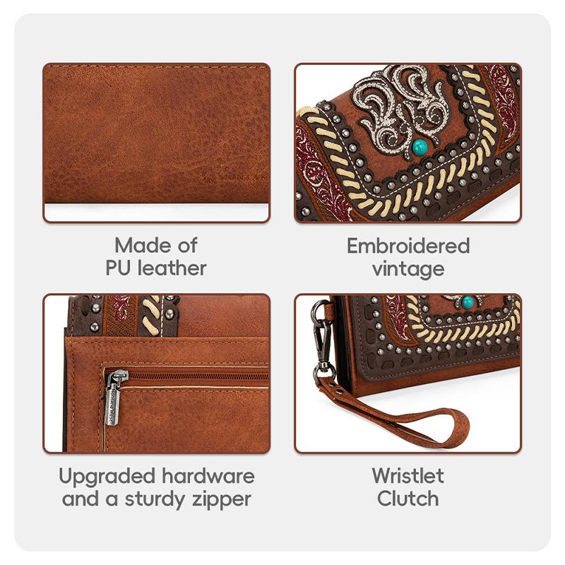 Montana West [MegaLive] Embroidered Women Wallet Snap-enclosed Wristlet Clutch with Multi Slots for Credit Cards Suitable for Dating Banquet