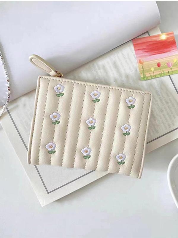 Floral Embroidered Short Wallet, Cute Flower Decorated PU Leather Card Holder, Simple Bifold Wallet for Women & Girls