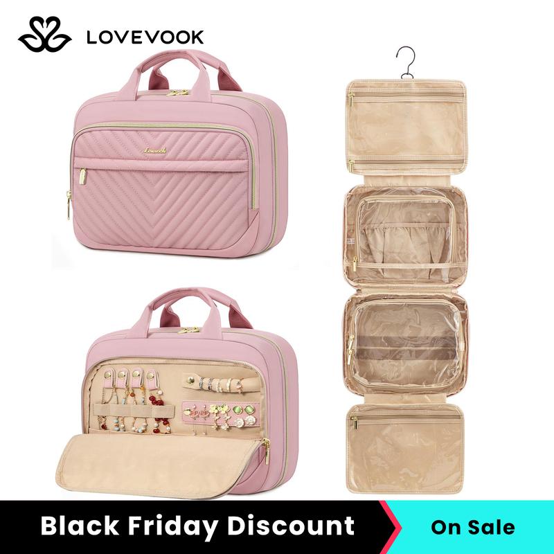 LOVEVOOK 10.5'' & 12.5'' Black Friday Travel Toiletry Bag for Women, Waterproof Travel Makeup Bag with Jewelry Compartment, Hanging Bathroom Bag for Travel, Camping, and Small Bathroom Organization