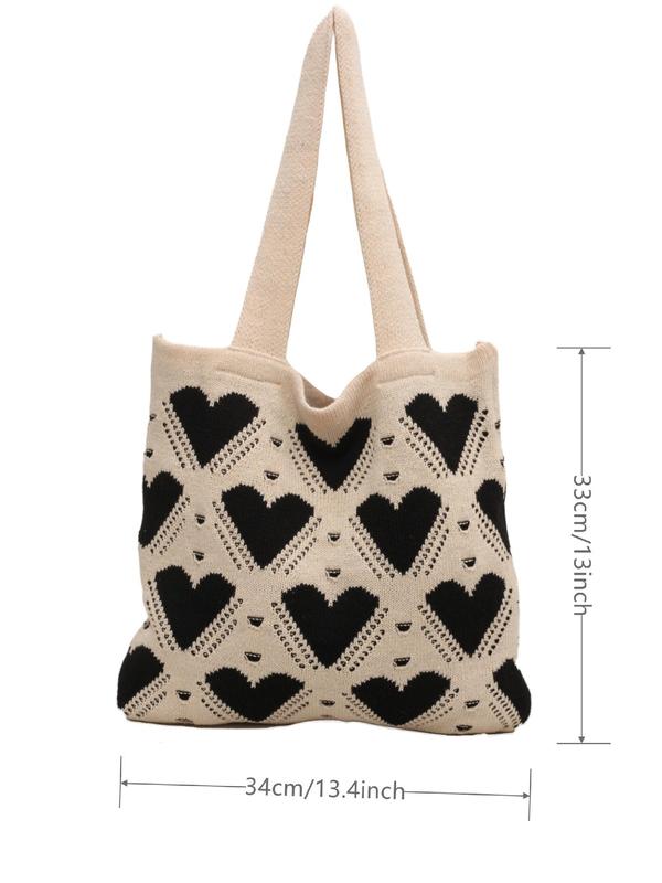 Women's Colorblock Heart Pattern Tote Bag, Fashionable Braid Design Shoulder Beach Bag for Daily Use