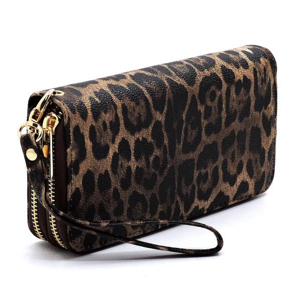 Fashion World Leopard Double Zip Around Wallet Wristlet