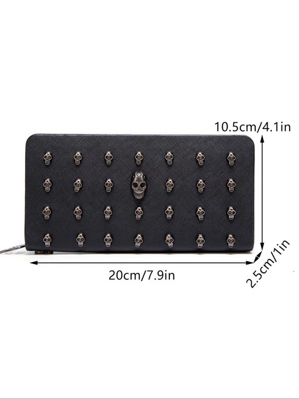 Women's Fashionable Skull Design Long Wallet, Casual Pu Leather Zipper Wallet with Security Pocket & Lanyard for Daily Used, Trendy Versatile High-quality Daily Wallet for Women