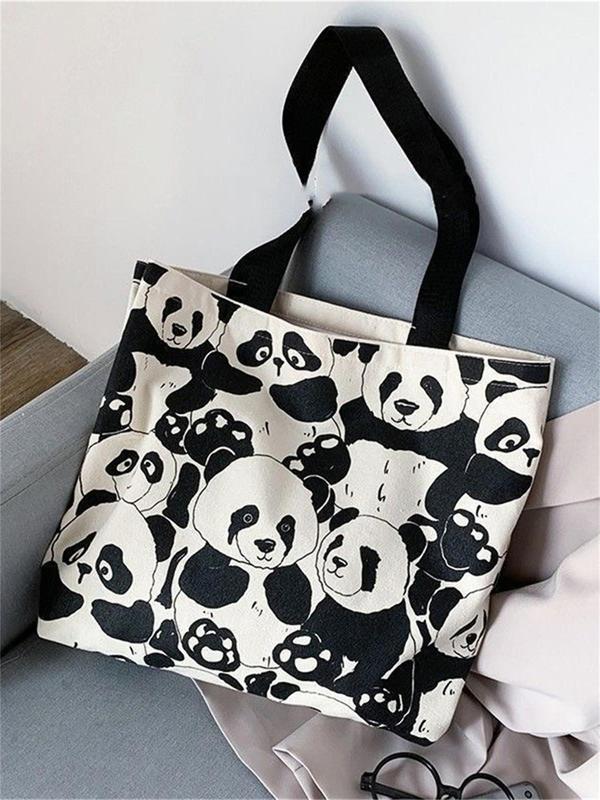 Cute Panda Pattern Canvas Tote Bag, Fashionable Casual Zipper Shoulder Bag for Women & Girls, Trendy All-match Bag for Daily Use Birthday Gift