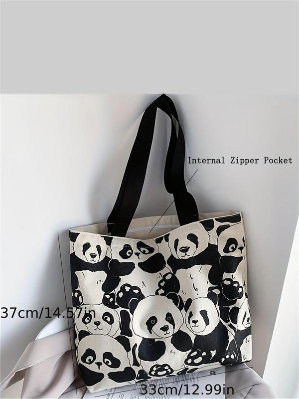 Cute Panda Pattern Canvas Tote Bag, Fashionable Casual Zipper Shoulder Bag for Women & Girls, Trendy All-match Bag for Daily Use Birthday Gift