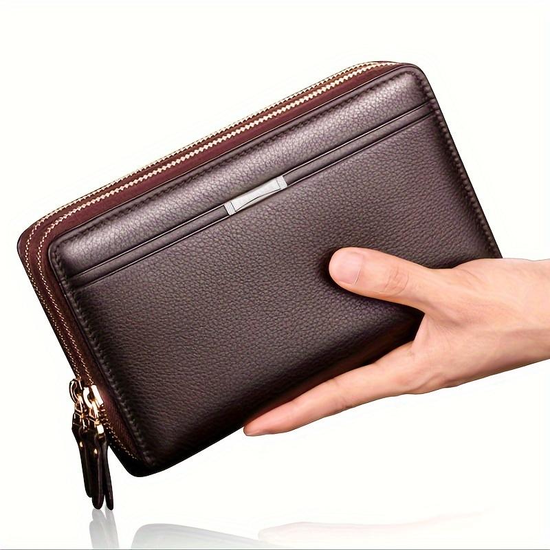 Men's Long PU Leather Clutch, Large Capacity Business Double Zipper Card Holder Cell Phone Tote, Convenient for Daily Use