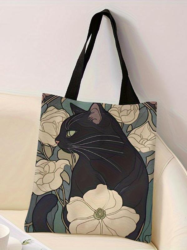 Cartoon Cat & Floral Pattern Tote Bag, Casual Shoulder Bag for Women & Girls, Vintage All-match Bag for Daily Life & Work