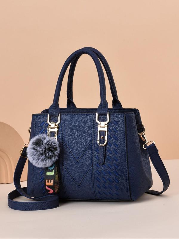 Women's 2024 PU Leather Plain Zipper Tote Bag, with Pom Pom Charm & Colorful Letters Wide Band, Retro Fashion Adjustable Strap Shoulder Bag