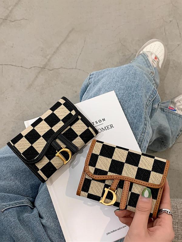 Women's Fashionable Checkerboard Pattern Card Holder, Casual Versatile D-buckle Card Holder, Trendy All-match Short Wallet for Daily Use