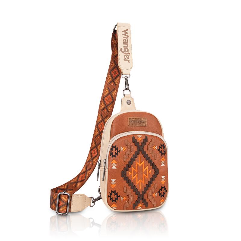 Wrangler Southwestern Pattern Embroidered Crossbody Sling Bag Travel Purse for Outdoors Hiking