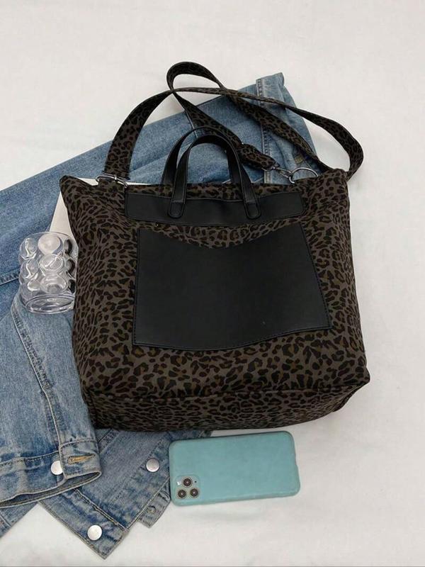 Women's Fashion Leopard Print Tote Bag, Casual Versatile Zipper Shoulder Bag for Daily Used, Trendy All-match Bag for Commuters and Students