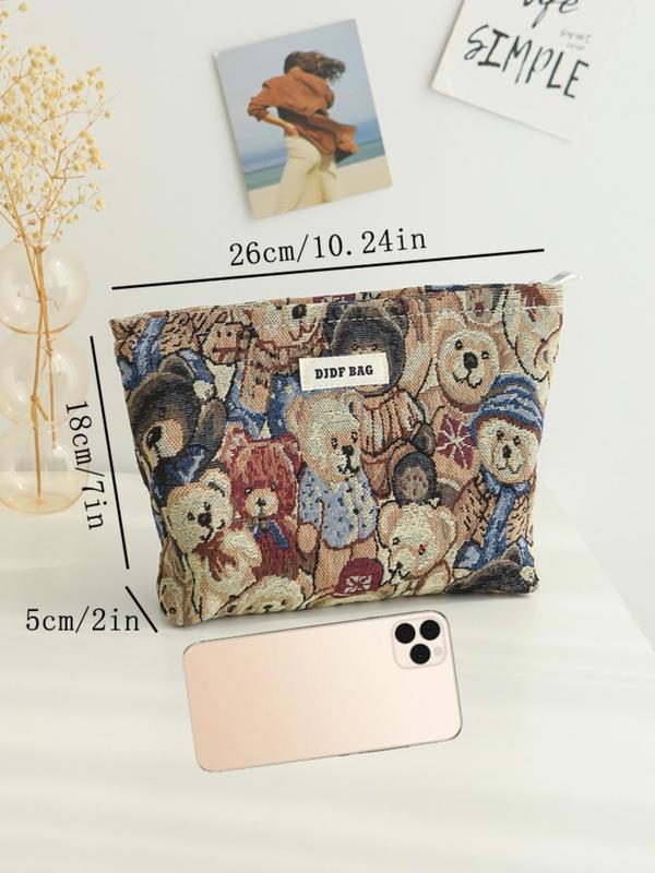 Cute Bear Pattern Makeup Bag, Large Capacity Cosmetic Storage Bag, Zipper Patched Design Makeup Organizer Pouch, Versatile Storage Bag for Travel & Daily Use