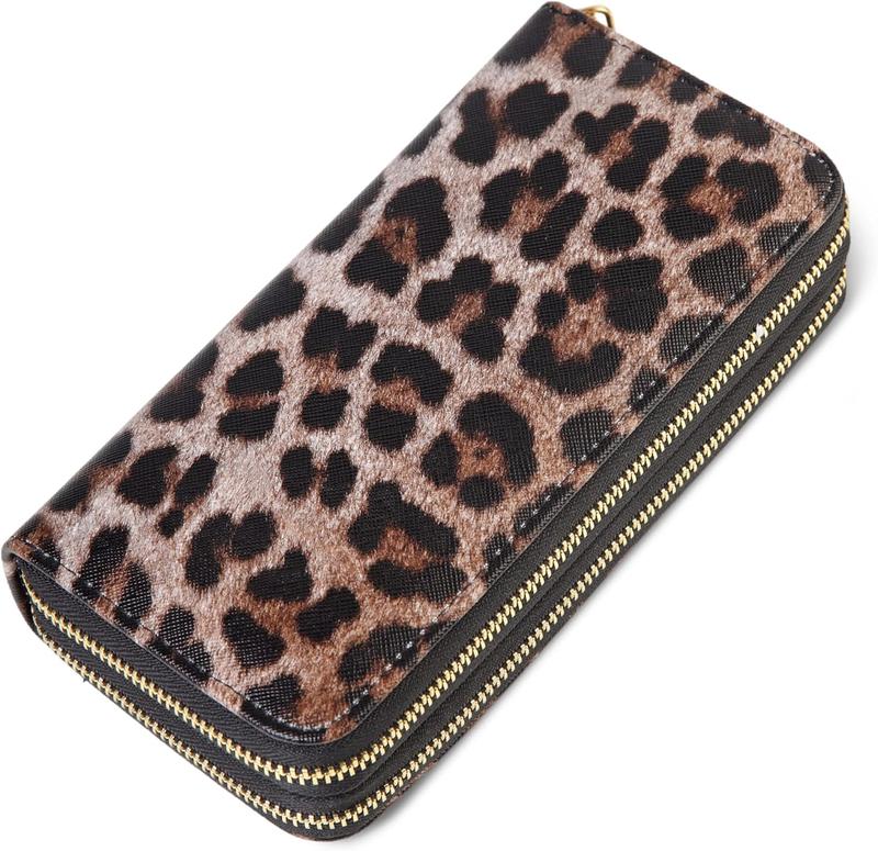 Leopard Print Wallets for Women Large Capacity 2 Zipper Cheetah Wallet Ladies Purse Credit Card Holder (Brown)