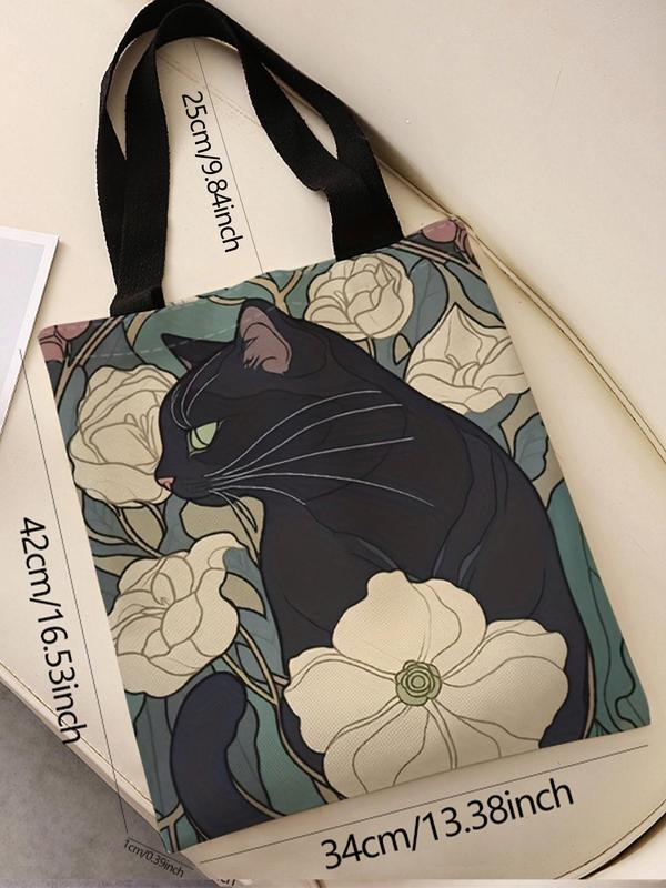 Cartoon Cat & Floral Pattern Tote Bag, Casual Shoulder Bag for Women & Girls, Vintage All-match Bag for Daily Life & Work