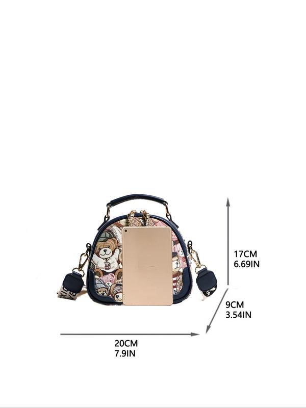 Women's Cute Cartoon Bear Pattern Crossbody Bag with Letters Pattern Strap,  Trendy Zipper Handbag for Daily Use, Casual Versatile Work Bag for Women & Girls