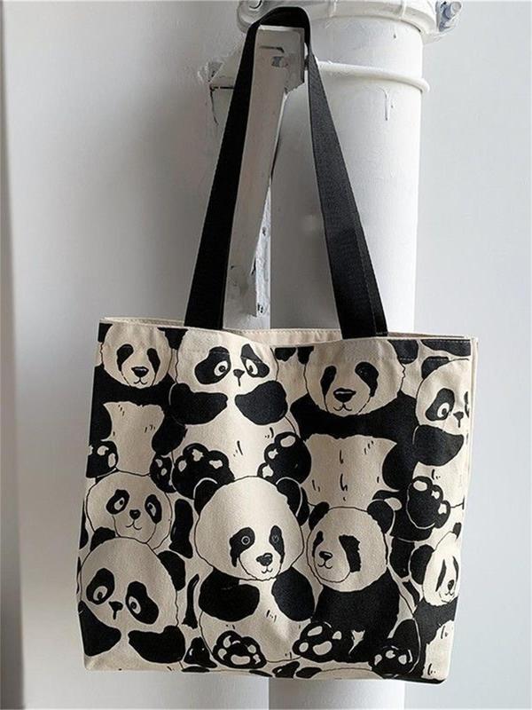 Cute Panda Pattern Canvas Tote Bag, Fashionable Casual Zipper Shoulder Bag for Women & Girls, Trendy All-match Bag for Daily Use Birthday Gift