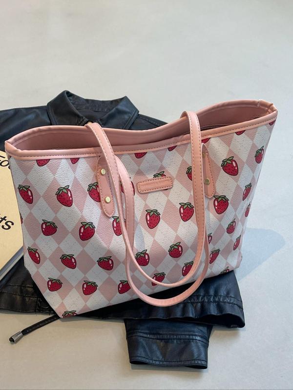 Strawberry Pattern Tote Bag, Large Capacity Shoulder Bag for Women & Girls, Pu Leather Daily Commuting Bag, Girl Fashionable Shopping Bag