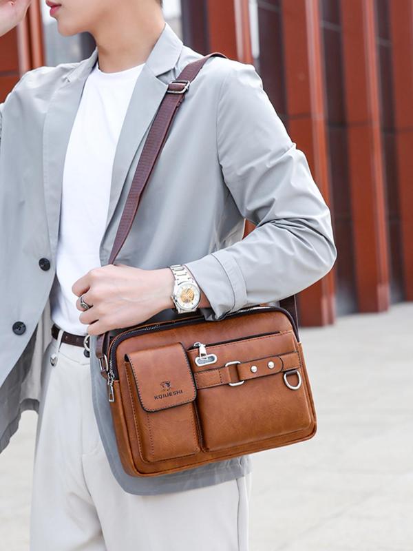 Men's Casual Solid Color Zipper Crossbody Bag, Business Style PU Leather Shoulder Bag for Work & Daily Used, Casual Trendy Versatile High-quality Daily Commuting Bag